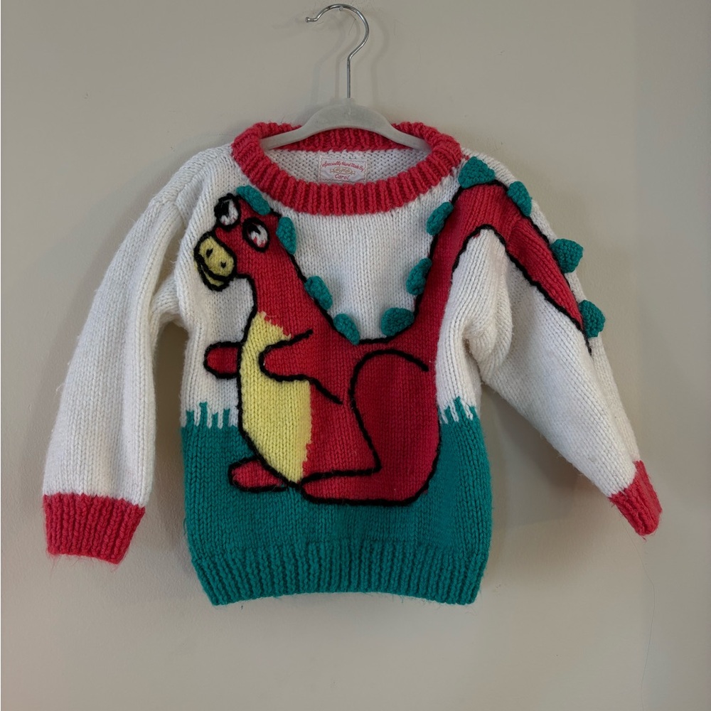 VINTAGE HAND KNIT Kids Dinosaur Sweater in Red and White Green approx 24/M 2T